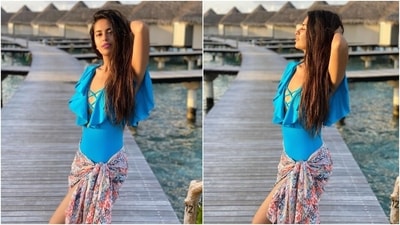 Avika chose a sky blue monokini for this image and teamed it with a printed sarong and open locks. The bodycon monokini came with frilled sleeves and a plunging neckline with overlapping straps. As for the pastel-coloured sarong, it features a multi-coloured print. (Instagram/@avikagor)