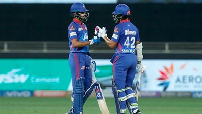 Delhi Capitals' players Shreyas Iyer and Shikhar Dhawan after their 50-run partnership against Sunrisers Hyderabad in IPL 2021 match in Dubai 