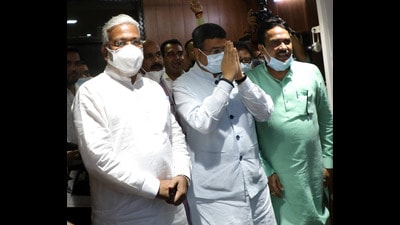 Union Minister and Uttar Pradesh poll incharge Dharmendra Pradhan with state BJP President Swatantra Dav Singh, in Lucknow on Wednesday. (Deepak Gupta/HT Photo) Union Minister and Uttar Pradesh poll incharge Dharmendra Pradhan with state BJP President Swatantra Dav Singh, in Lucknow on Wednesday. (Deepak Gupta/HT Photo)
