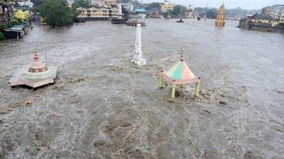 Godavari river flooded due to rise in water level after heavy rain in Maharashtra's Nashik, on Wednesday, (Ravi Rajput/HT Photo)