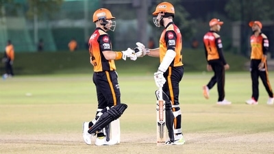 David Warner and Kane Williamson during practice. (SRH/Twitter) David Warner and Kane Williamson during practice. (SRH/Twitter)