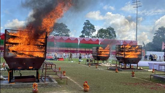 Rhino horns consigned to flames on six specially built pyres at Bokakhat in Assam on Wednesday following Vedic rituals. (Photo Courtesy- Alka Bhargava, PCCF & HOFF (Assam))