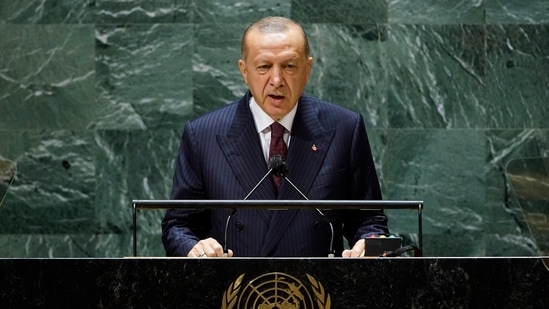 Turkey's President Recep Tayyip Erdogan addresses the 76th Session of the UN General Assembly at United Nations headquarters in New York&nbsp;(AP)