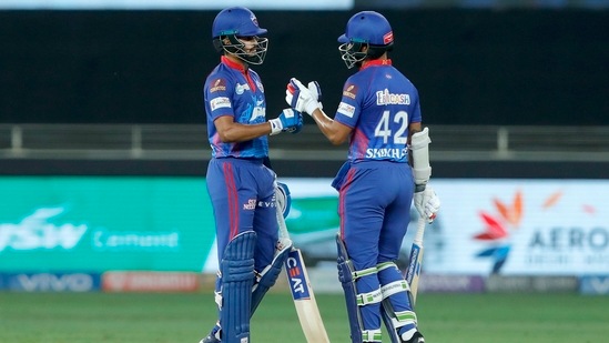 Delhi Capitals' players Shreyas Iyer and Shikhar Dhawan after their 50-run partnership against Sunrisers Hyderabad in IPL 2021 match in Dubai