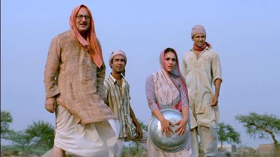 Parvin Dabas (extreme right) with Anupam Kher, Ranvir Shorey and Tara Sharma and in a still from Khosla Ka Ghosla.