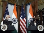 US Vice President Kamala Harris and Prime Minister Narendra Modi speak to members of the media during a meeting in the Vice President's Ceremonial Office in Washington DC.(Bloomberg) US Vice President Kamala Harris and Prime Minister Narendra Modi speak to members of the media during a meeting in the Vice President's Ceremonial Office in Washington DC.(Bloomberg)