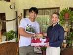 Abhinav Bindra gifting Neeraj Chopra the puppy named, Tokyo. (Twitter/@Abhinav_Bindra) Abhinav Bindra gifting Neeraj Chopra the puppy named, Tokyo. (Twitter/@Abhinav_Bindra)