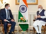 PM Modi meets CEO of Qualcomm Christiano R Amon on Thursday.&nbsp;
