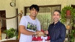 Abhinav Bindra gifting Neeraj Chopra the puppy named, Tokyo. (Twitter/@Abhinav_Bindra) Abhinav Bindra gifting Neeraj Chopra the puppy named, Tokyo. (Twitter/@Abhinav_Bindra)