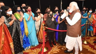 Despite the rain, exuberant members of the Indian diaspora gathered at the airport and cheered as Prime Minister's plane landed. (Twitter/@narendramodi)