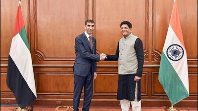 Union minister for commerce and industry Piyush Goyal greets UAE minister of state for foreign trade Thani Ahmed Al Zeyoudi in New Delhi on Wednesday. The UAE is the ninth largest investor with over $10 billion invested in sectors such as services, sea transport, power, infrastructure and real estate. (Tweeted by Piyush Goyal) Union minister for commerce and industry Piyush Goyal greets UAE minister of state for foreign trade Thani Ahmed Al Zeyoudi in New Delhi on Wednesday. The UAE is the ninth largest investor with over $10 billion invested in sectors such as services, sea transport, power, infrastructure and real estate. (Tweeted by Piyush Goyal)