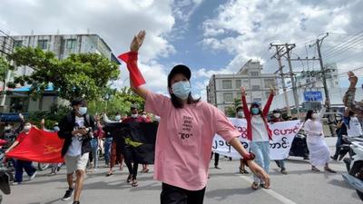 An anti-coup protester during a march in Mandalay, Myanmar, on August 8. (File photo) An anti-coup protester during a march in Mandalay, Myanmar, on August 8. (File photo)