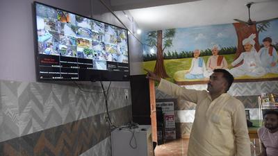 A control room has been set up inside the gram panchayat office in Bhojpur village, from where the live feed of all the locations where the CCTV cameras have been set up can be monitored. (Sakib Ali/HT Photo) A control room has been set up inside the gram panchayat office in Bhojpur village, from where the live feed of all the locations where the CCTV cameras have been set up can be monitored. (Sakib Ali/HT Photo)