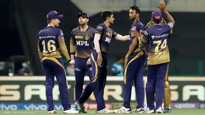 UAE, Sept 23: Prasidh Krishna of Kolkata Knight Riders celebrates the wicket of Quinton de Kock of Mumbai Indians during the IPL match between the Kolkata Knight Riders and the Mumbai Indians, at the Sheikh Zayed Stadium, in Abu Dhabi on Thursday. (ANI) UAE, Sept 23: Prasidh Krishna of Kolkata Knight Riders celebrates the wicket of Quinton de Kock of Mumbai Indians during the IPL match between the Kolkata Knight Riders and the Mumbai Indians, at the Sheikh Zayed Stadium, in Abu Dhabi on Thursday. (ANI)