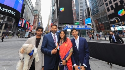 Freshworks CEO Girish Mathrubootham (2nd left) with his family (twitter.com/Nasdaq) Freshworks CEO Girish Mathrubootham (2nd left) with his family (twitter.com/Nasdaq)