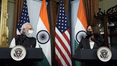 US Vice President Kamala Harris and Prime Minister Narendra Modi speak to members of the media during a meeting in the Vice President's Ceremonial Office in Washington DC. (Bloomberg) US Vice President Kamala Harris and Prime Minister Narendra Modi speak to members of the media during a meeting in the Vice President's Ceremonial Office in Washington DC. (Bloomberg)