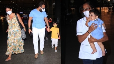 Kareena Kapoor, Saif Ali Khan, and their sons, Taimur and Jeh, returned from their family vacation. (Varinder Chawla) Kareena Kapoor, Saif Ali Khan, and their sons, Taimur and Jeh, returned from their family vacation. (Varinder Chawla)