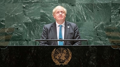 British prime minister Boris Johnson addresses the 76th session UN General Assembly on September 22, 2021, in New York.&nbsp; (AFP)
