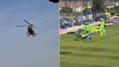 An air ambulance made an emergency landing forcing the players to go off the field.&nbsp; (Screengrab)