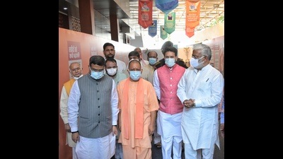 An exhibition on Prime Minister Narendra Modi’s life and times was attended by UP chief minister Yogi Adityanath, Union education minister Dharmendra Pradhan, information and broadcasting minister Anurag Thakur, UP BJP chief Swatantra Dev among others at the UP BJP headquarters, in Lucknow, on Thursday. (HT Photo) An exhibition on Prime Minister Narendra Modi’s life and times was attended by UP chief minister Yogi Adityanath, Union education minister Dharmendra Pradhan, information and broadcasting minister Anurag Thakur, UP BJP chief Swatantra Dev among others at the UP BJP headquarters, in Lucknow, on Thursday. (HT Photo)