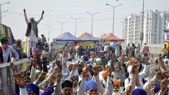 Demonstrators at the Ghazipur farmers’ protest site in New Delhi. Demonstrators at the Ghazipur farmers’ protest site in New Delhi.