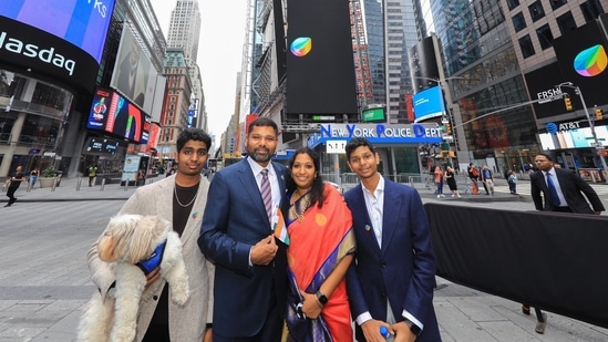 Freshworks CEO Girish Mathrubootham (2nd left) with his family (twitter.com/Nasdaq)