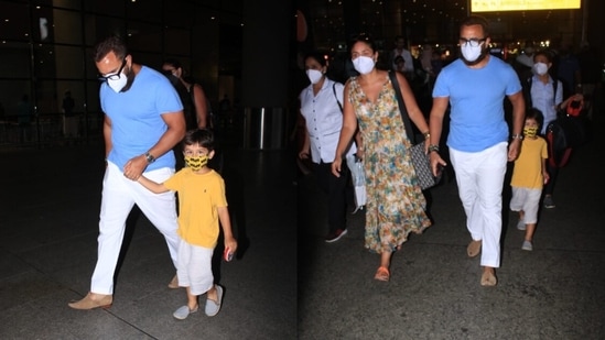 While Kareena Kapoor sported a tan, Saif Ali Khan was seen holding Taimur's hand as they exited the airport.&nbsp;(Varinder Chawla)