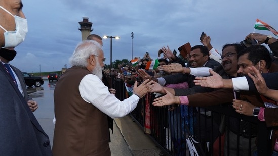 PM Modi meeting the Indian diaspora after landing at Joint Base Andrews in Washington, DC.(Twitter/@narendramodi)