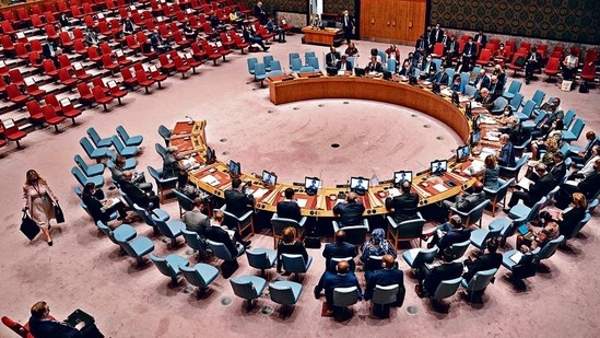 The UN Security Council (top) holds a meeting on the sidelines of the 76th UN General Assembly.