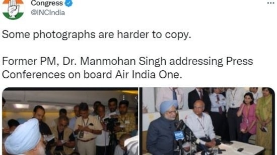 Congress took a jibe at PM Modi and posted old photos of Manmohan Singh addressing press conferences on Air India One.