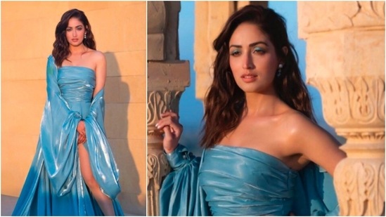 Yami Gautam accessorised her look with a pair of small stoned earrings.(Instagram/@vandafashionagency)