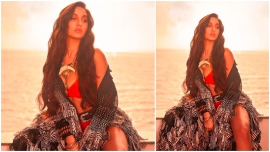 For jewellery, Nora Fatehi wore a horn neckpiece that gave her look an earthy touch.(Instagram/@norafatehi)