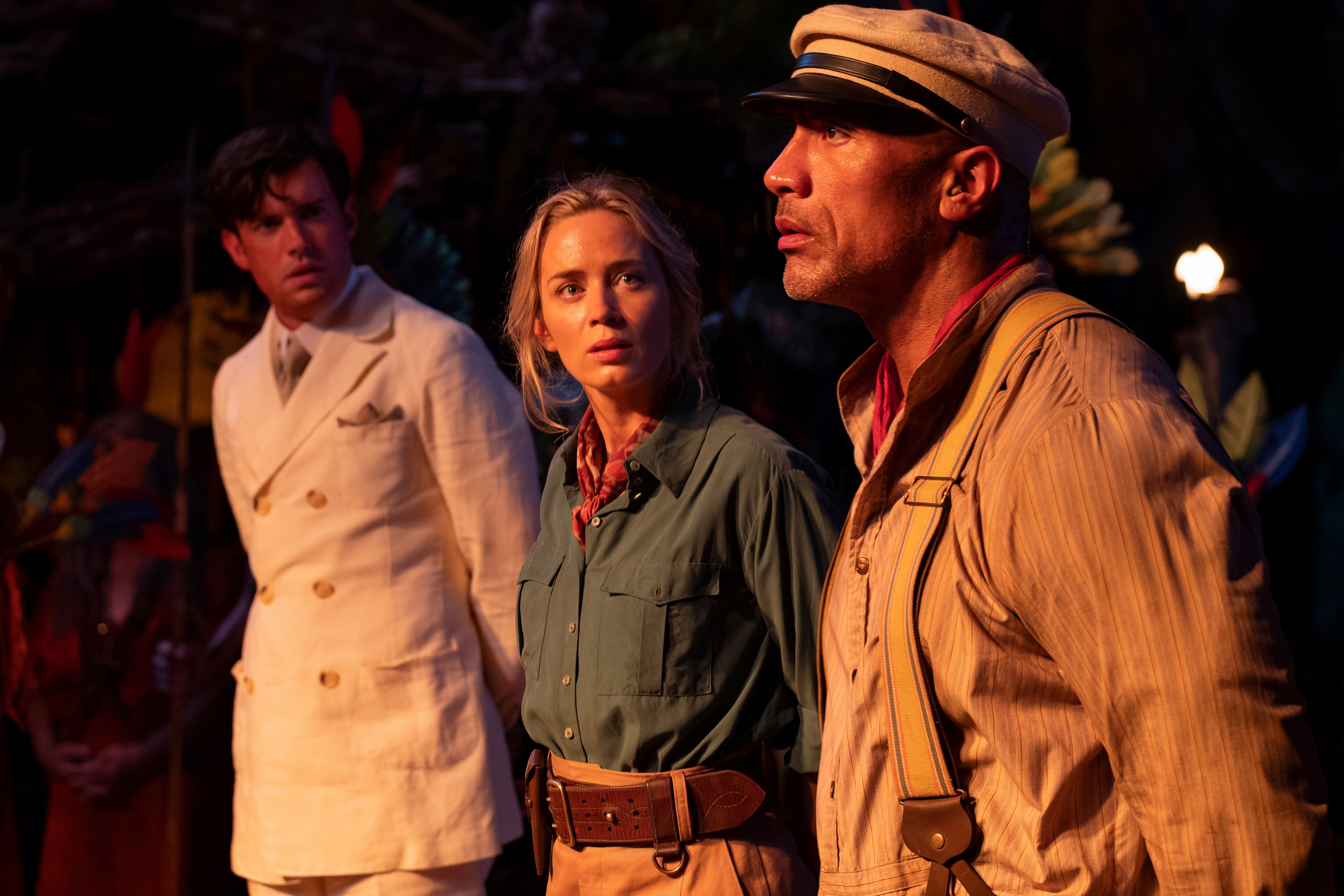 This file image provided by Disney shows, from left, Jack Whitehall, Emily Blunt and Dwayne Johnson in a scene from Jungle Cruise.(AP)