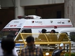 An ambulance inside Delhi's Rohini court after gangster Jitender Mann ‘Gogi’ was killed by gunmen in a shootout. An ambulance inside Delhi's Rohini court after gangster Jitender Mann ‘Gogi’ was killed by gunmen in a shootout.