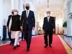 US President Joe Biden walks to the Quad summit with Prime Minister Narendra Modi, Australian Prime Minister Scott Morrison, and Japanese Prime Minister Yoshihide Suga.(AP) US President Joe Biden walks to the Quad summit with Prime Minister Narendra Modi, Australian Prime Minister Scott Morrison, and Japanese Prime Minister Yoshihide Suga.(AP)