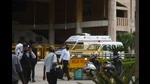 An ambulance inside the Rohini district court in Delhi on Friday, hours after a shootout in which gangster Jeetender Gogi was killed. (Raj K Raj/HT Photo) An ambulance inside the Rohini district court in Delhi on Friday, hours after a shootout in which gangster Jeetender Gogi was killed. (Raj K Raj/HT Photo)