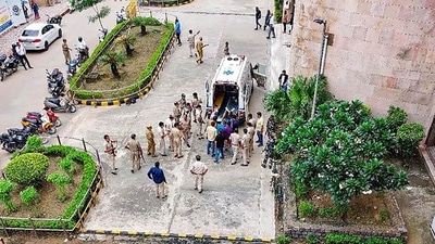 An ambulance at the Rohini court after a shootout in which gangster Jeetender Gogi was killed. (PTI)