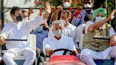 Congress leader Rahul Gandhi and Punjab ex-chief minister Capt Amarinder Singh riding a tractor driven by then Punjab unit president Sunil Jakhar during their Kheti Bachao Yatra against the farm laws, in Sangrur district last October. (HT file photo) Congress leader Rahul Gandhi and Punjab ex-chief minister Capt Amarinder Singh riding a tractor driven by then Punjab unit president Sunil Jakhar during their Kheti Bachao Yatra against the farm laws, in Sangrur district last October. (HT file photo)