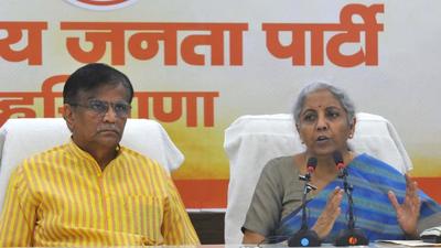 Union finance minister Nirmala Sitharam addressing a press conference in Chandigarh on Friday as Haryana BJP chief OP Dhankar looks on. (Keshav Singh/HT) Union finance minister Nirmala Sitharam addressing a press conference in Chandigarh on Friday as Haryana BJP chief OP Dhankar looks on. (Keshav Singh/HT)