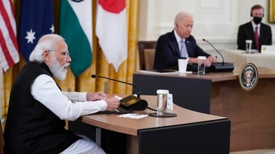 Prime Minister Narendra Modi speaks during the Quad summit with President Joe Biden, Australian Prime Minister Scott Morrison and Japanese Prime Minister Yoshihide Suga in the East Room of the White House, (AP) Prime Minister Narendra Modi speaks during the Quad summit with President Joe Biden, Australian Prime Minister Scott Morrison and Japanese Prime Minister Yoshihide Suga in the East Room of the White House, (AP)