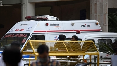 An ambulance inside Delhi's Rohini court after gangster Jitender Mann ‘Gogi’ was killed by gunmen in a shootout. An ambulance inside Delhi's Rohini court after gangster Jitender Mann ‘Gogi’ was killed by gunmen in a shootout.