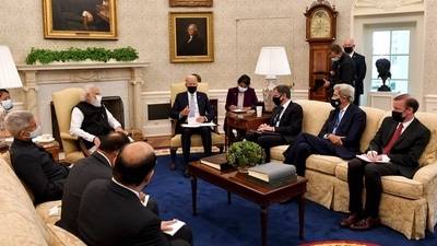 Prime Minister Narendra Modi with US President Joe Biden in the Oval Office of the White House, Friday, Sept. 24, 2021, in Washington. (PTI Photo) (PTI) Prime Minister Narendra Modi with US President Joe Biden in the Oval Office of the White House, Friday, Sept. 24, 2021, in Washington. (PTI Photo) (PTI)