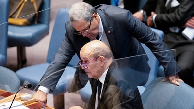 French foreign minister Jean-Yves Le Drian attends the 76th session of the United Nations General Assembly at the UN headquarters in New York, U.S., on September 23, 2021.&nbsp; (REUTERS)
