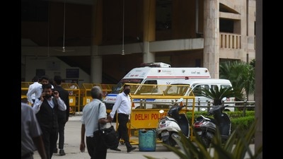 An ambulance inside the Rohini district court in Delhi on Friday, hours after a shootout in which gangster Jeetender Gogi was killed. (Raj K Raj/HT Photo) An ambulance inside the Rohini district court in Delhi on Friday, hours after a shootout in which gangster Jeetender Gogi was killed. (Raj K Raj/HT Photo)