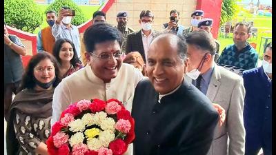 HP chief minister Jai Ram Thakur welcoming Union minister Piyush Goyal (left) in Shimla on Friday. (Deepak Sansta/HT) HP chief minister Jai Ram Thakur welcoming Union minister Piyush Goyal (left) in Shimla on Friday. (Deepak Sansta/HT)