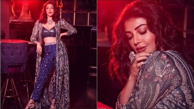 Kajal layered the look with a full sleeves floor-length shrug. Long and flowy, the sheer teal blue shrug was adorned with heavy floral embellishments on it and intricate zardozi work in pink, green, blue and golden to give it an eye-catchy rich look. Completing her attire with a pair of strappy metallic heels, Kajal left her soft curly tresses open down her shoulders. (Instagram/fablookmagazine/kajalaggarwalofficial)