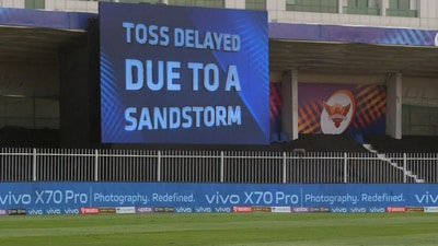 A sandstorm in Sharjah delayed the toss by 30 minutes. Eventually, it was won by MS Dhoni and the Chennai Super Kings skipper decided to bowl first. The match started 15 minutes late. (BCCI/IPL) A sandstorm in Sharjah delayed the toss by 30 minutes. Eventually, it was won by MS Dhoni and the Chennai Super Kings skipper decided to bowl first. The match started 15 minutes late. (BCCI/IPL)