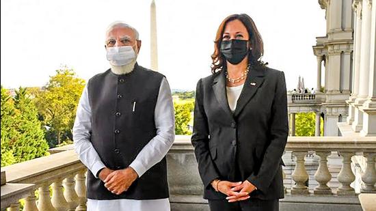 Indian Prime Minister Narendra Modi with US Vice-President Kamala Harris during a bilateral meeting, in Washington DC. Kamala Harris has called upon Pakistan to act against terrorist groups operating from its soil. (PTI)