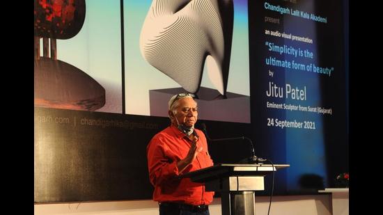 Sculptor Jeetu Patel during the audio-video visual presentation on his work at Government Museum and Art Gallery in Sector 10, Chandigarh, on Friday. (Ravi Kumar/HT)