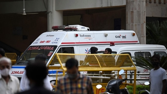 An ambulance is seen inside the Rohini court in New Delhi on September 24 after gangster Jitendra Gogi was killed by gunmen in a shootout.(AFP)
